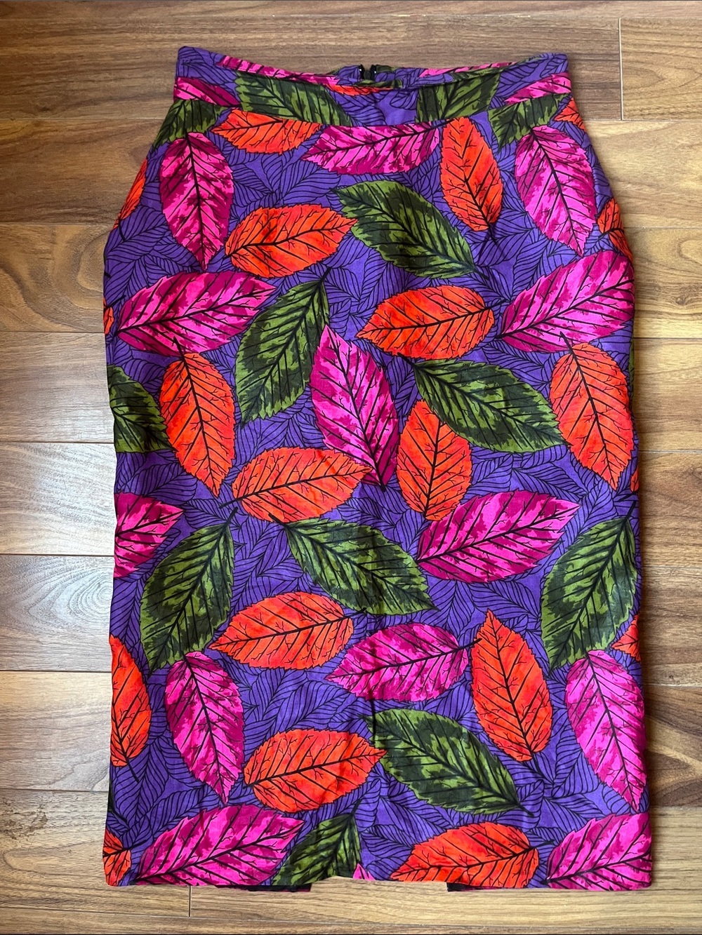 Women Vibrant Leaf Print Pencil Skirt - Purple, Pink, Orange, Green Medium
